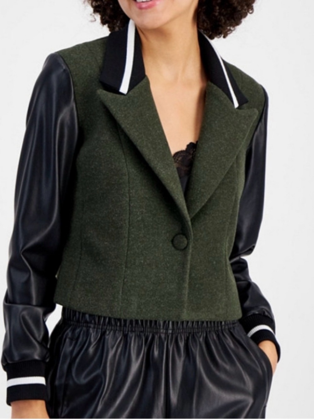 7 For All Mankind Mixed Media Cropped Varsity Blazer. Size Medium
